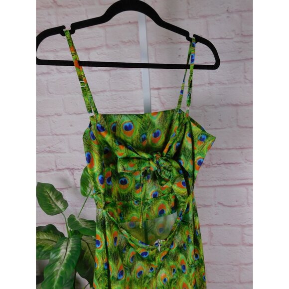 Peacock Feather Print Jumpsuit XS, Boho Festival Style, Adjustable Straps - Picture 5 of 12